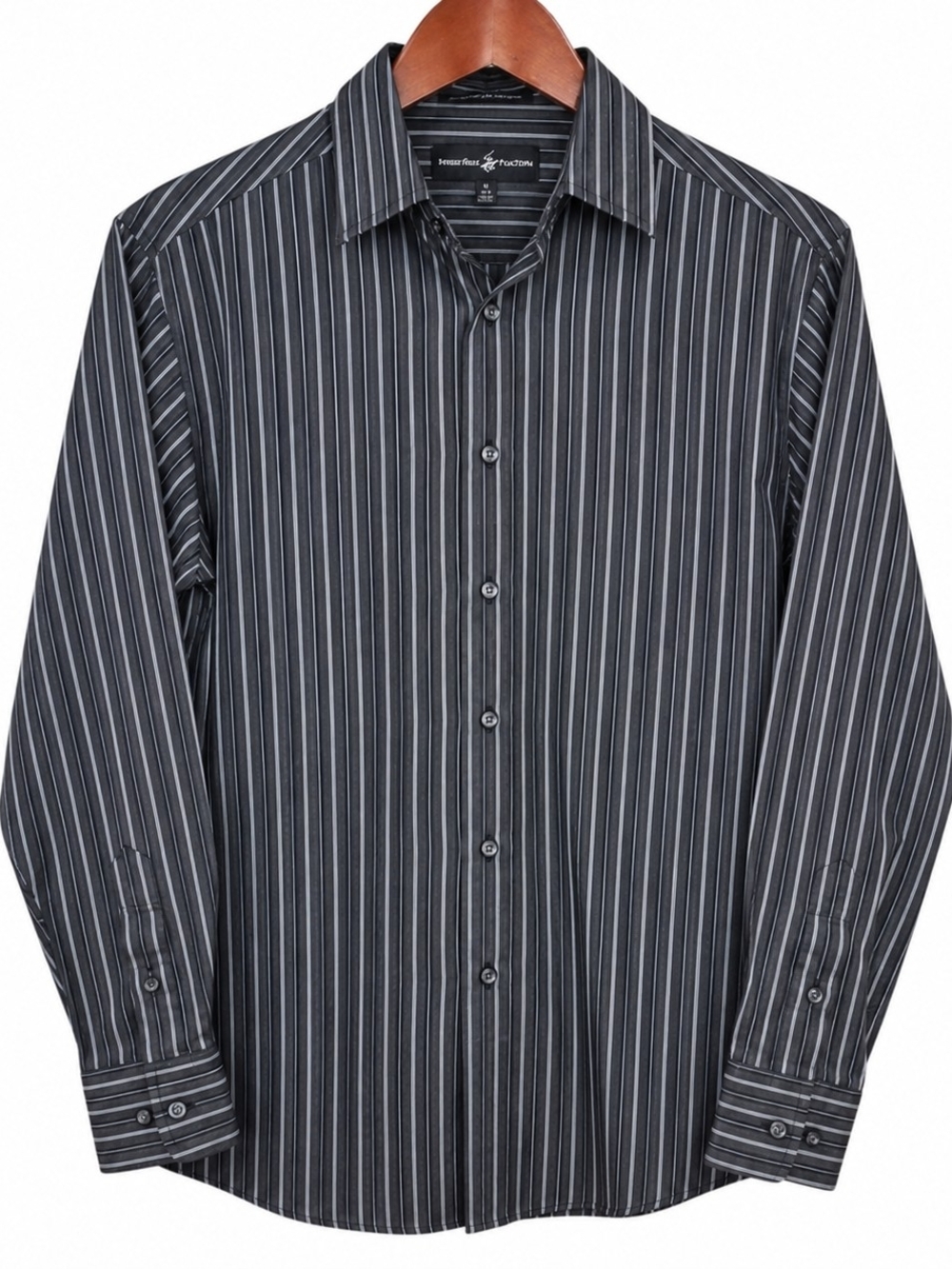 Beverly Hills Polo Club Men’s M Black Gray Striped Button Down Dress Shirt